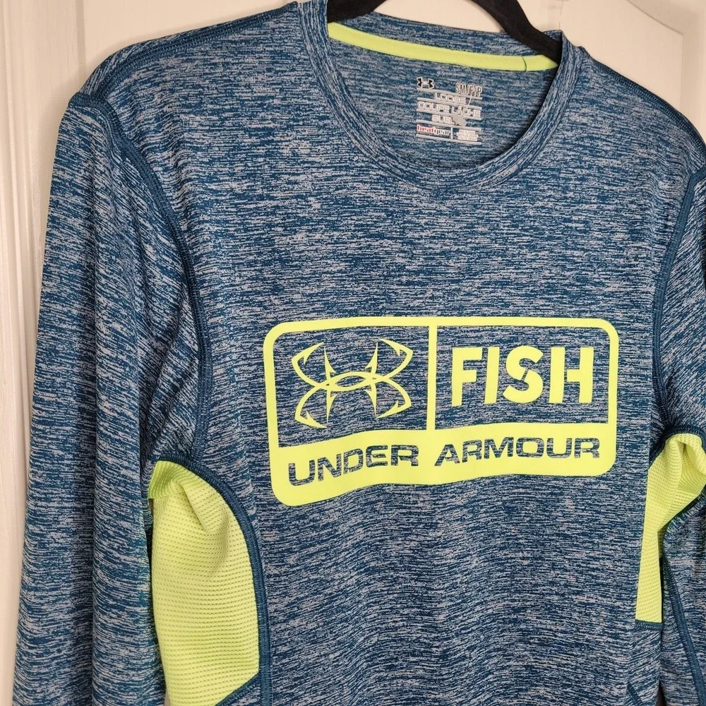 Under Armour Fishing Long Sleeve Heat Gear Shirt Blue/Green Mens Sz Small Vented